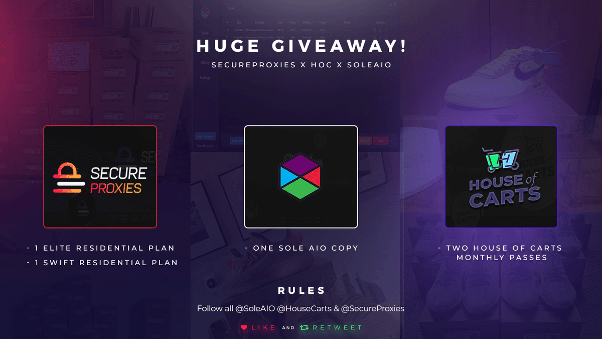 SecureProxies's tweet photo. 🚨 BIG GIVEAWAY 🚨

Winners get:
• One copy of Sole AIO
• Two HOC Monthly Passes
• One Residential Elite Plan
• One Residential Swift Plan

Must Follow @SecureProxies &amp; @HouseCarts &amp; @Soleaio
Retweet this tweet 🔄
Like this tweet 💜

Good Luck! 🍀 https://t.co/aJN9mNGs8x