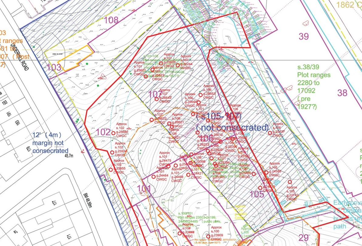 british_war's tweet photo. Here are some of the CWGC graves that Southwark Council have buried under 6ft of earth so they can then bury over them with new graves. The now lost graves are marked with a red circle. This has happened in the Camberwell Old Cemetery despite protests from many, many people. https://t.co/L0EfVATK3c