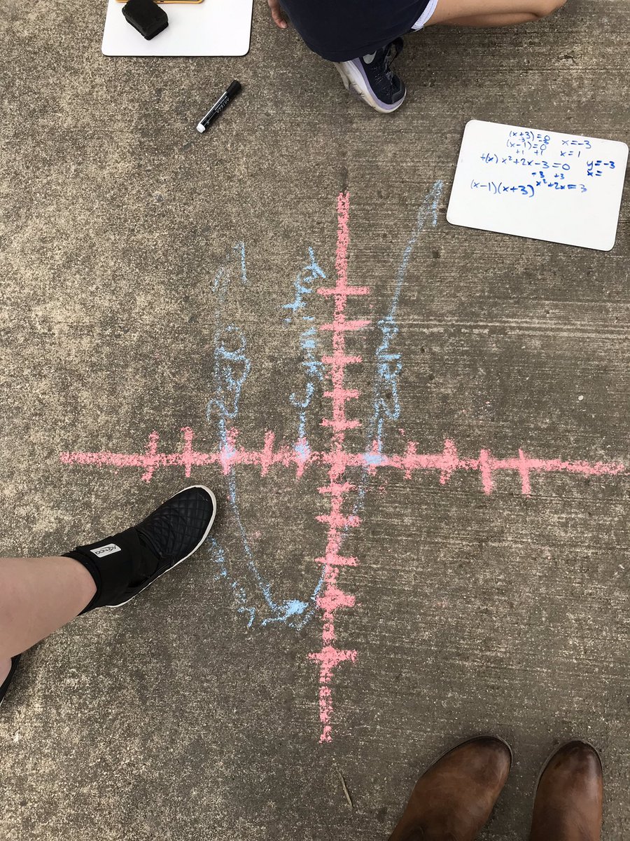 adooz's tweet image. Enjoying a beautiful day outside finding intercepts and vertex and graphing quadratics. MS kids still excited by sidewalk chalk! #alg1chat #ITeachMath #MTBoS