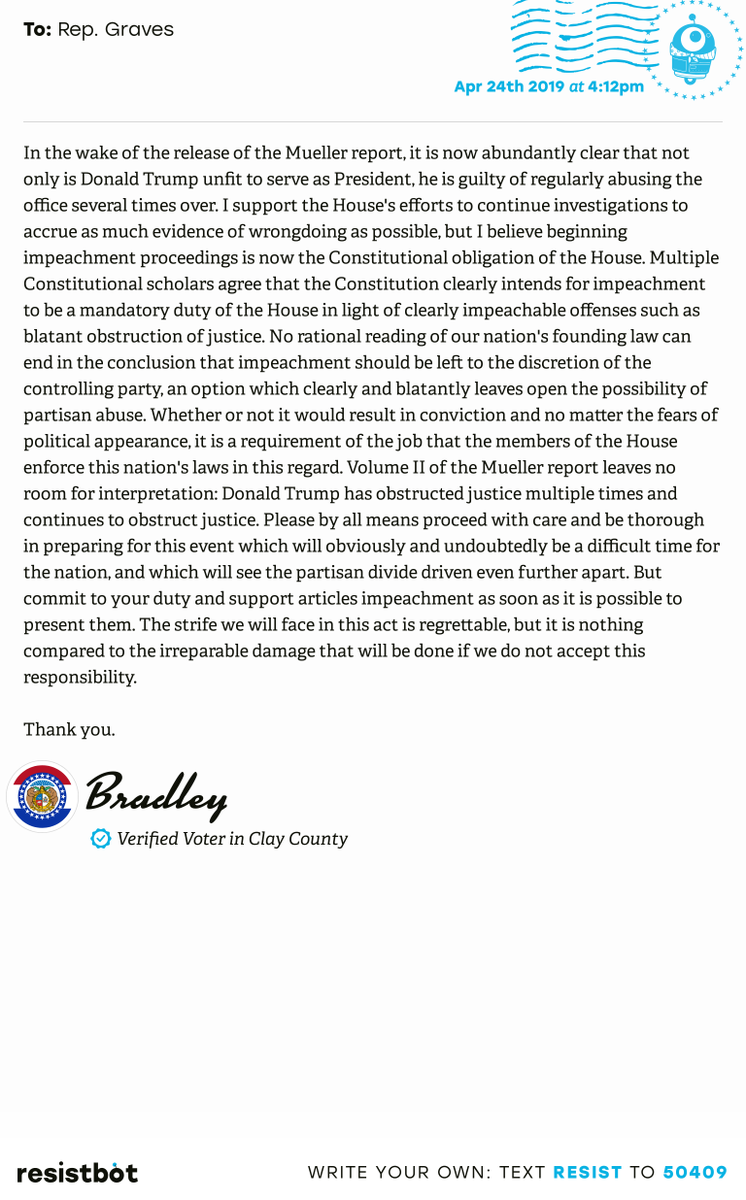 openletterbot's tweet photo. I just delivered this letter from Bradley in Kansas City, Mo. to @RepSamGraves #mopols #mopolitics #ReleaseTheReport https://t.co/MVOAM3Rw2V