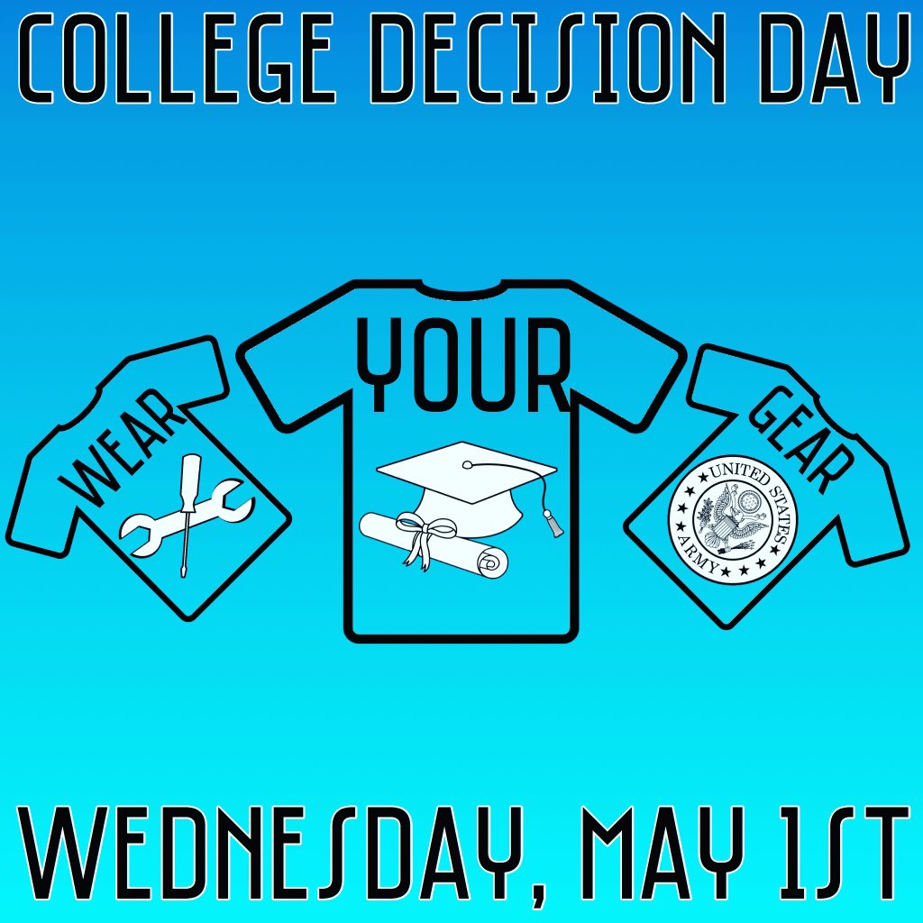 SunNationNews's tweet photo. Calling all seniors! Participate in our Spirit Day to celebrate your achievements. NEXT WEDNESDAY, May 1st is National College Decision Day! Wear your future college, trade school, or military branch gear 🎓 https://t.co/e0ytOD61eS