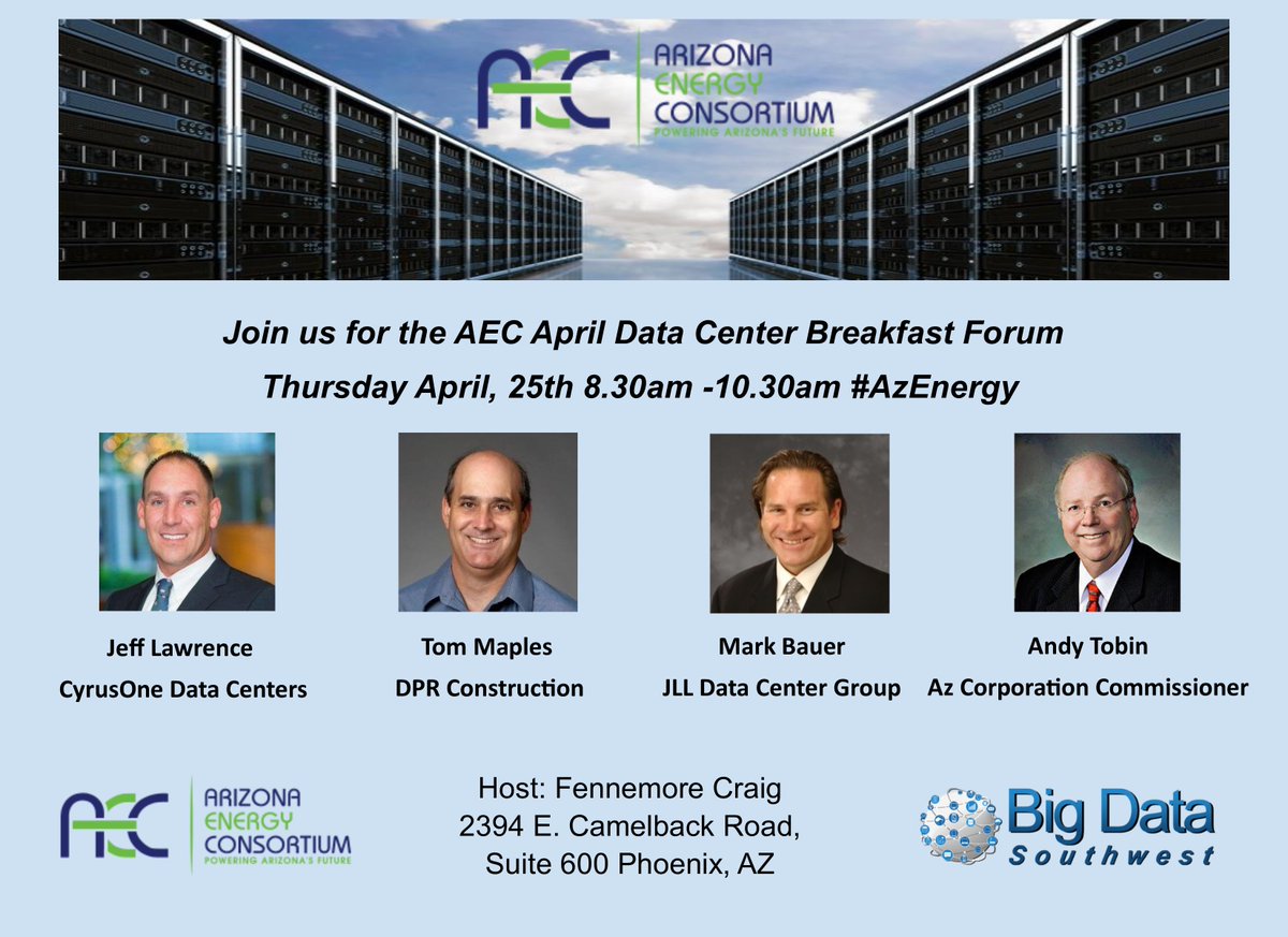 AzDataCenter's tweet image. Join the AEC @Az_Energy at the April #DataCenter Breakfast Forum 04.25.19 8.30am, hear from @Andy_Tobin @CyrusOne @DPRConstruction @JLLDataCenters REG tinyurl.com/yx9436j8   #GreenDataCenter #AzDataCenter #AzSmartCities #SWEnergy19 #AzEnergy #AzEcondev #STEMJobs #AzMeansBiz