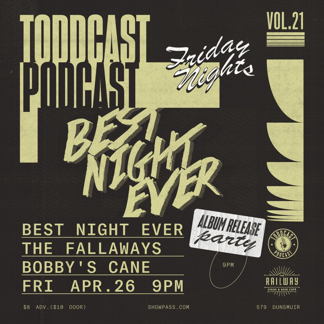 Plans this Friday? #Podcast Friday Nights Vol.21 Friday, April 26 <a href="/railwaySBC/">Railway Beer Café</a> w/ <a href="/Bestnighttweets/">Best Night Ever</a> #AlbumRelease w/ @TheFallaways &amp; <a href="/BobbysCane/">Bobby's Cane</a> 

ONLY $8 advance / $10 door! showpass.com/best-night-eve…