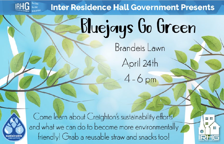 IRHG's tweet photo. Join use for BlueJays Go Green! Come get a reusable straw and learn about Creighton’s sustainability efforts. https://t.co/nY1hpzLPtJ