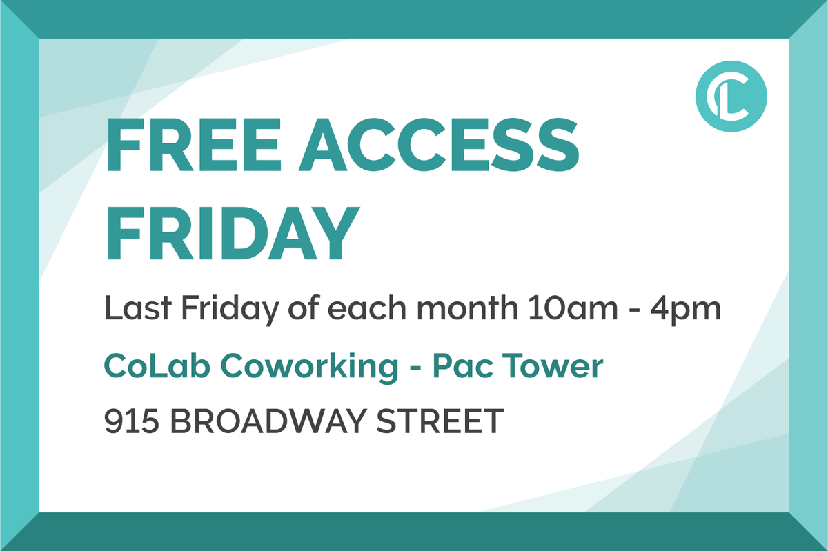 heycolab's tweet photo. Interested to see what Coworking is all about? Join us for this month's Free Friday on April 26th (THIS FRIDAY!) from 10a-4p at our Pac Tower location!

Sign up here --> https://t.co/HoAADxURYO https://t.co/9v2tkMYFPt