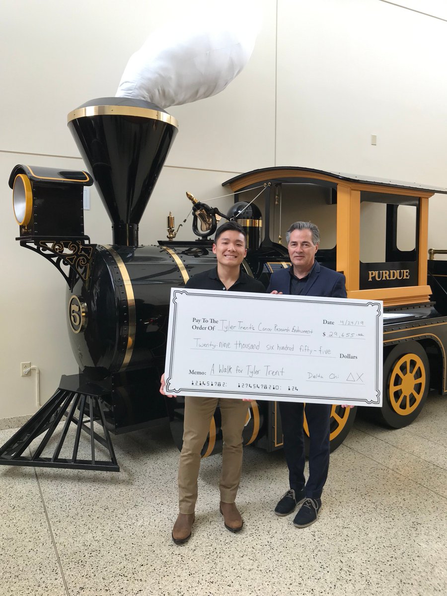Aaron Lai walked 100 miles in February to raise awareness and donations in honor of Tyler Trent. On #PurdueDayofGiving, he walked in our door with $29,655 from Delta Chi for the Tyler Trent Cancer Endowment. Thank you, Aaron—we're proud to call you a fellow Boilermaker.