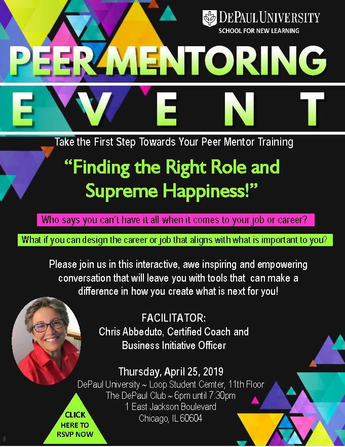DePaulSCPS's tweet photo. Join us for the SNL Peer Mentoring Event: "Finding the Right Role and Supreme Happiness." Thursday, April 25: 6-7:30pm. RSVP to SNLStudentSuccessandEngagement@depaul.edu https://t.co/HxbHB5TY4m