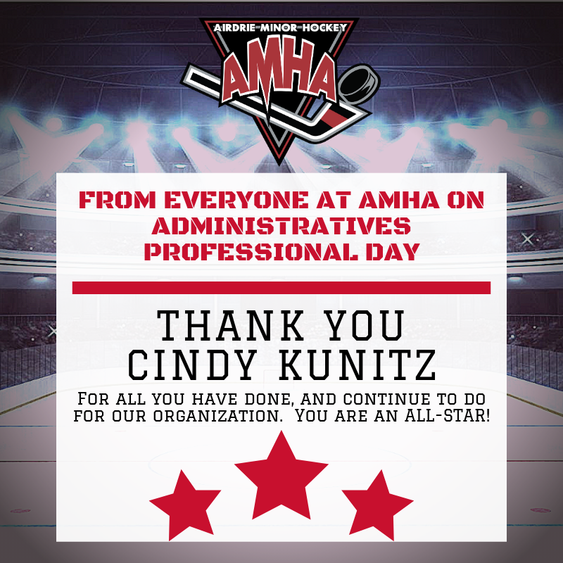HockeyAirdrie's tweet photo. It's #AdminProfessionalsDay and AMHA would like to thank our All-Star, Cindy Kunitz.  Cindy will be celebrating 16 YEARS with AMHA this June.  From all of us, thank you for everything you have done, and continue to do for our organization! #AMHAPride #AMHABuilt #AMHAGrown https://t.co/Z55GlSjkcv