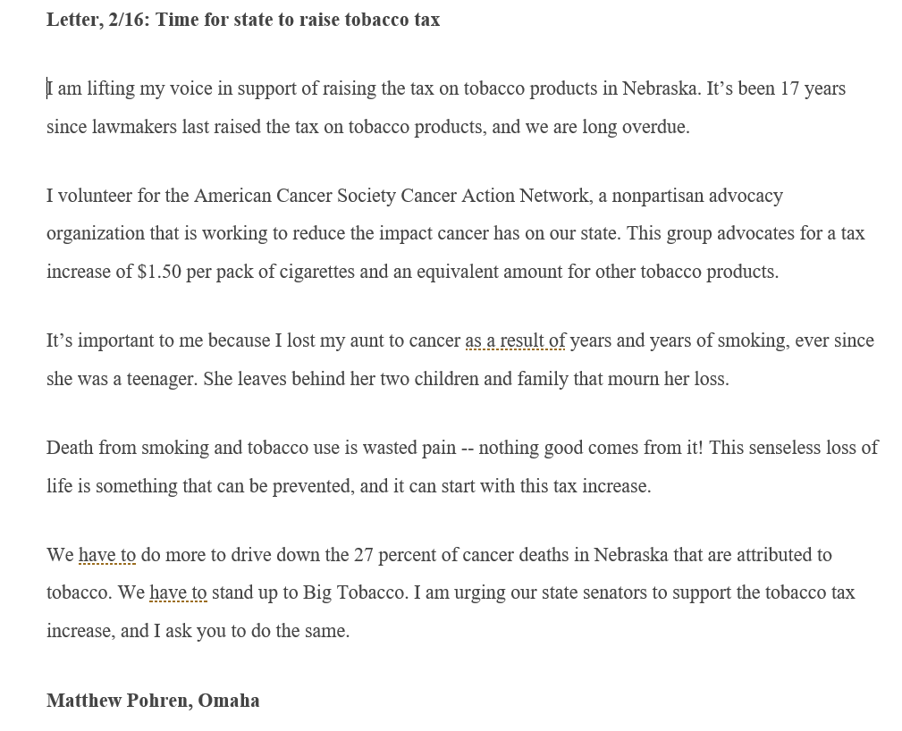 ACSCANNebraska's tweet photo. There have been several letters in support of significantly increasing the cigarette tax including this one from @ACSCANNebraska volunteer Matt in the @JournalStarNews . We urge Revenue Committee members to support increasing the cigarette tax by $1.50 per pack. #neleg #LB289 https://t.co/mztecph6yB