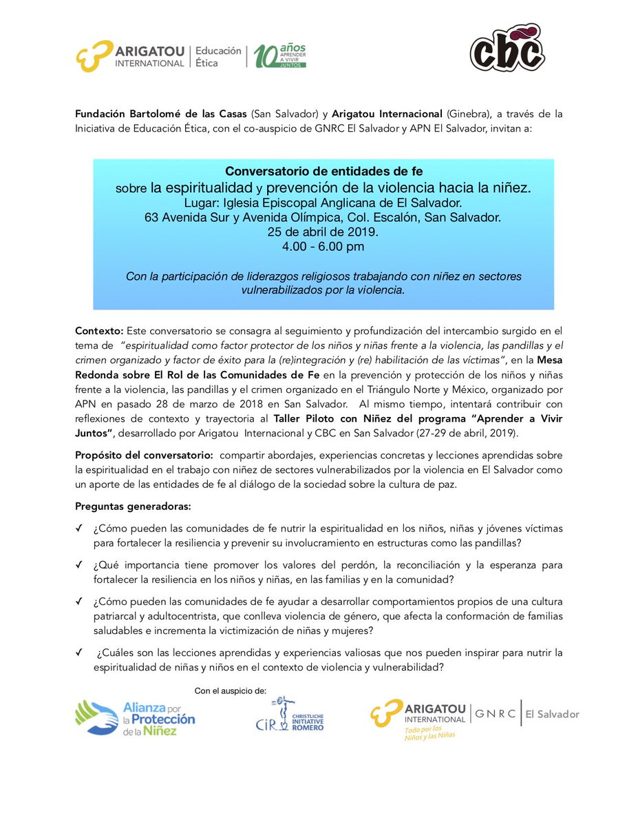 Convocatoria para asistir el día de mañana al conversatorio de entidades de fe. Propósito, dialogar e intercambiar experiencias desde lideres de fe, ante la problemática y contexto de violencia y vulnerabilidad actual hacia la niñez.