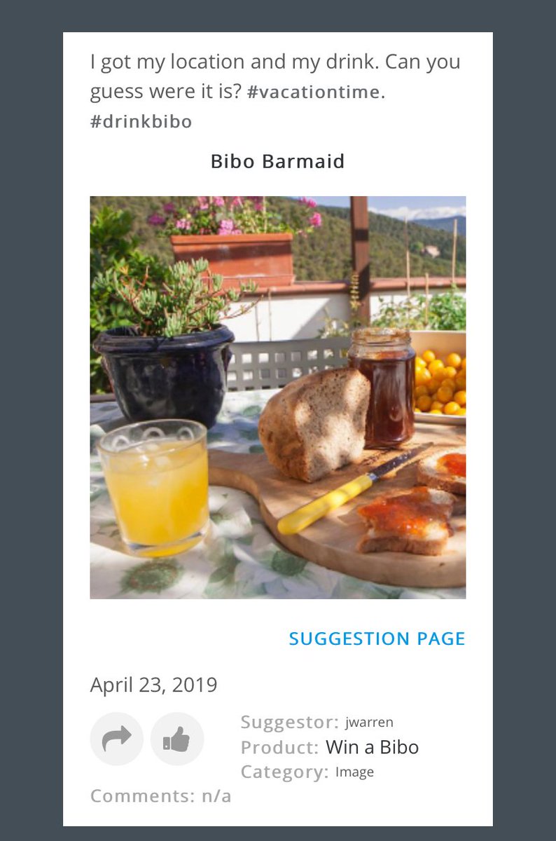 Nothing like a Bibo cocktail paired with a fine spread and gorgeous scenery... Where would you like your Bibo​? Let us know! usuggestit.com/bibo-barmaid/w… #drinkbibo #winabibo