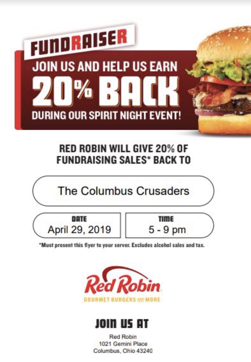 Join us Monday, April 29 from 5-9 p.m. @ Red Robin (1021 Gemini Pl.) and support the Columbus Crusaders while enjoying great 🍔!