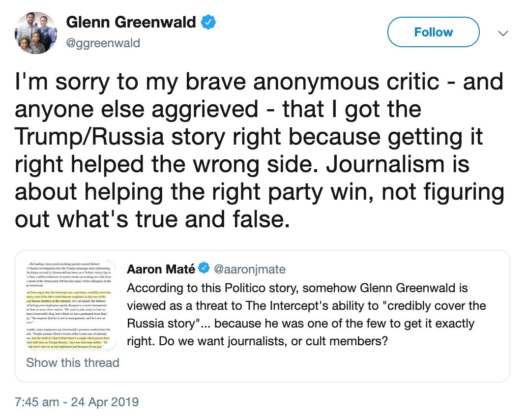Malice in Wonderland. Greenwald is now attacking his own comrades at  @theintercept using the classic Your Lying Eyes defence about the Mueller report.