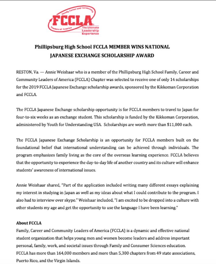 We are so proud of this FCCLA member!

Annie is one of 14 students nation-wide to earn an $11,000+ scholarship to travel to Japan. 

#KSFCCLA #yougogirl