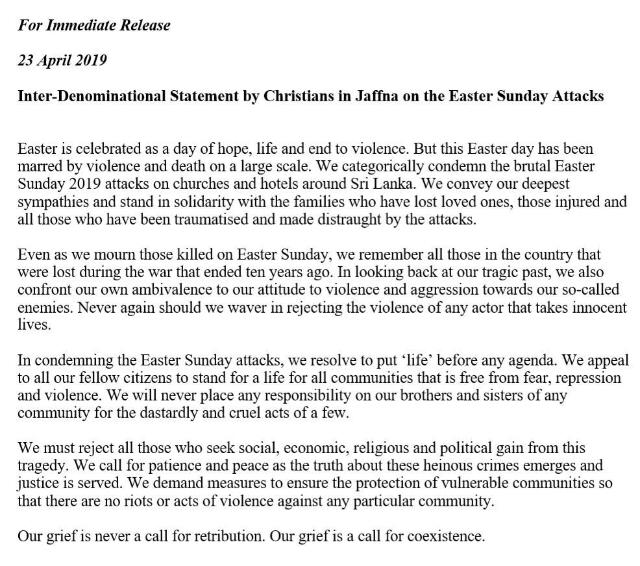 AmarAmarasingam's tweet photo. Excellent statement by the Christian community in Jaffna on the attacks in #SriLanka. 

"We must reject all those who seek social, economic, religious, and political gain from this tragedy." https://t.co/q3UoWyLvow