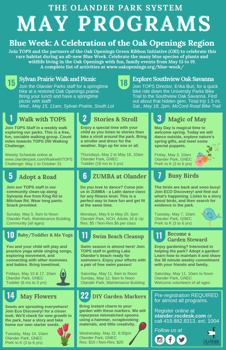 OlanderParks's tweet image. April has been a month full of fun programs! The fun continues into May! There is something for everyone! 

Pre-registration required for most programs. Register TODAY at olander.recdesk.com!

#olanderparks #MayPrograms #MayFun #SpringFun #ZUMBAatOlander #VolunteersRock