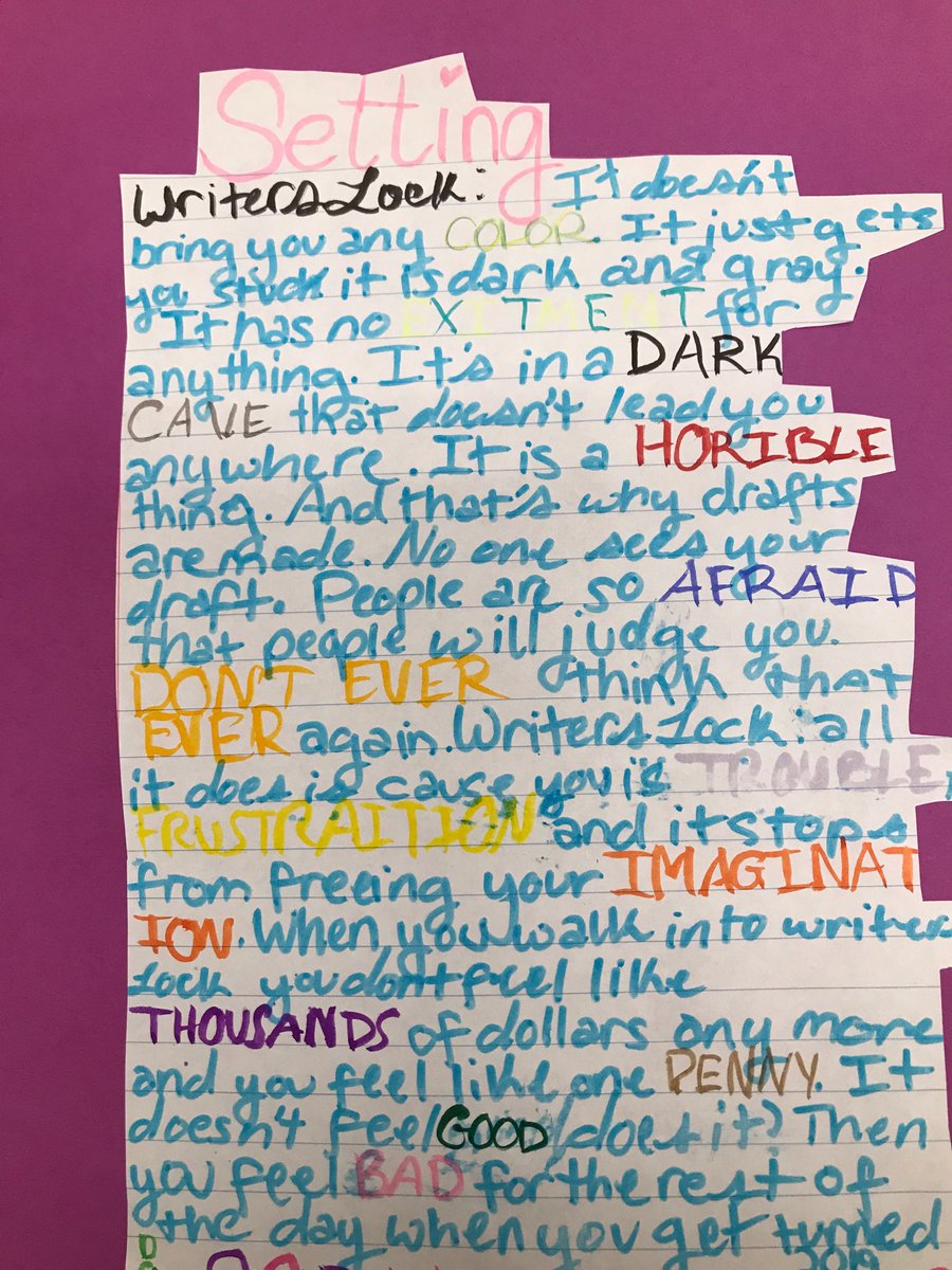 ‘Writer’s Lock’ vs ‘Writer’s Go’ 4th graders were asked to create any setting. If writer’s block was a place in her imagination... #imaginationatwork #buddingwriters ⁦@TeachWriteEd⁩