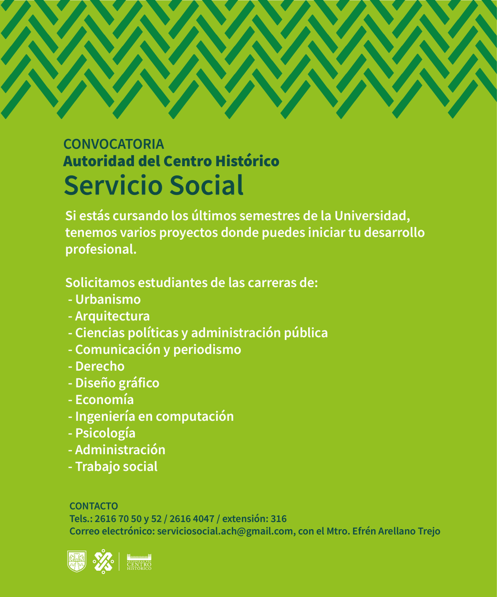 Si estás estudiando los últimos semestres de la universidad y te gustaría trabajar por el bien del #CentroHistórico, tenemos un lugar para que realices tu servicio social.

<a href="/SSocial_UNAM/">Servicio Social UNAM</a> 
@IPN_DEySS
<a href="/Servicio_ITAM/">Servicio Social ITAM</a>
<a href="/CompromisoUP/">Compromiso Social UP Mx</a>
<a href="/eld_oficial/">Escuela Libre de Derecho</a>