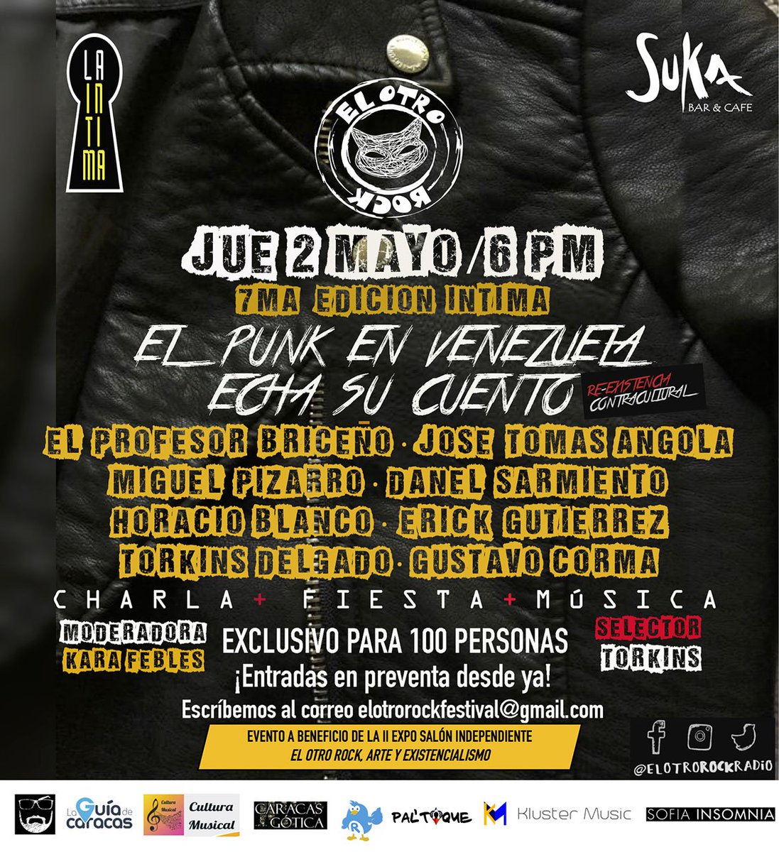 Klustermusic's tweet photo. Este #2Mayo la Caracas inaudita llega a #LaIntima en @SukaBar con la 7ma edición del ciclo #ElPunkEnVzlaEchaSuCuento junto a disimiles personajes de la sociedad venezolana develando vivencias y puntos de vistas sobre los albores punk criollo!
#ElOtroRock Info: @ElOtroRockRadio https://t.co/SoqwYUrcfF