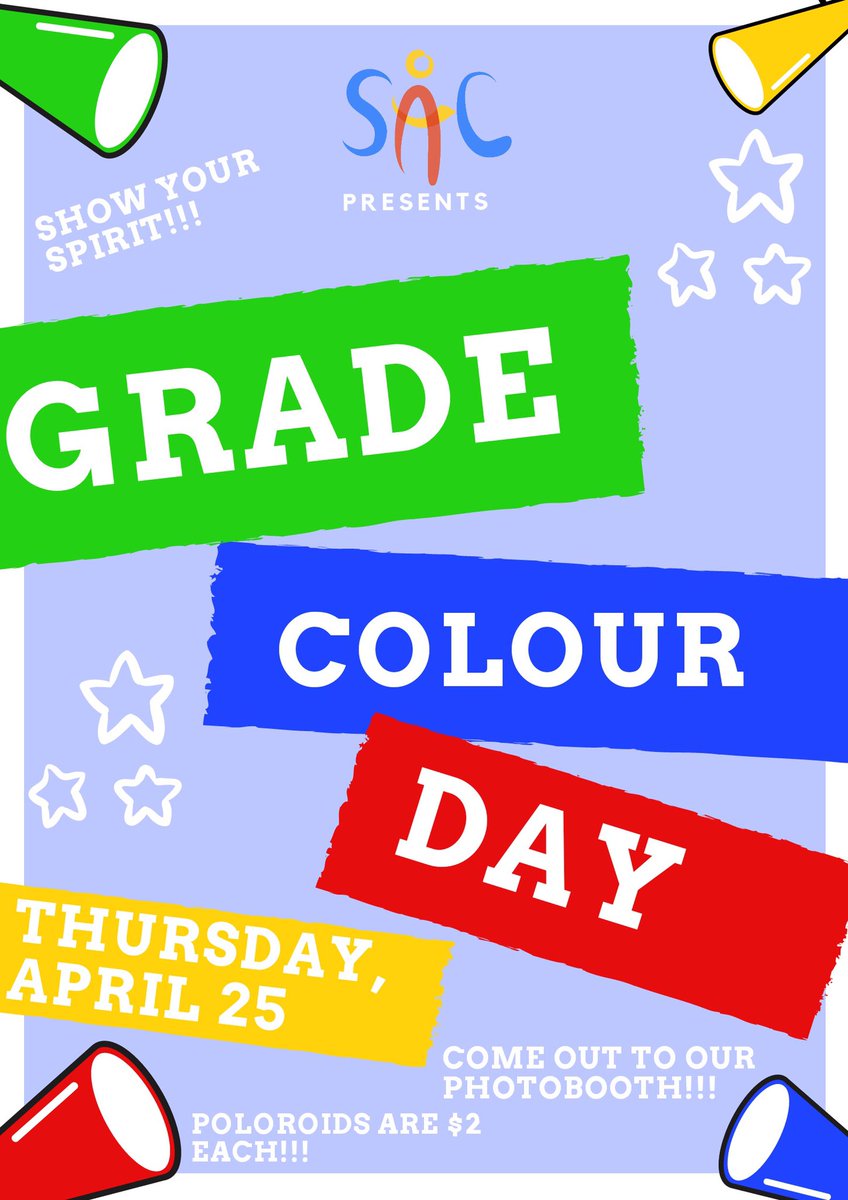 Hey Gryphons! Next up for Spirit Week is GRADE COLOUR DAY! Be sure to come to school in your yellow, green, blue and red and show your Gryphon Spirit! The SAC will also be hosting a photobooth tomorrow in the cafeteria for you and your friends to take pictures!