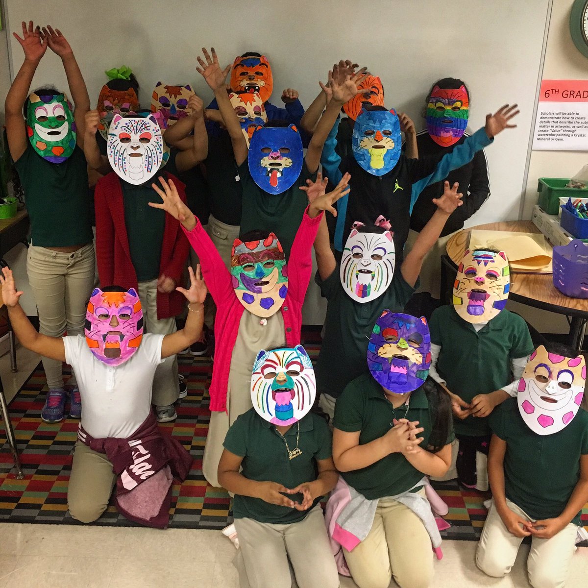 CbeARTstudio's tweet photo. Where the wild things are? Or a bunch of tigers escaped from the local zoo? #elementaryarteducation #risdartmatters #freeartday #maskart #secondgradeart #risdace https://t.co/gx125LQ0nW