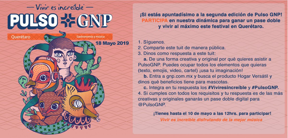 GNPSeguros's tweet photo. ¡Si estás apuntadísimo a la segunda edición de #PulsoGNP! PARTICIPA y GANA un pase doble para vivir al máximo este festival en Querétaro. #Viviresincreíble

Términos y condiciones: https://t.co/8LdEWNzTSh https://t.co/Vuz9tkcmxM