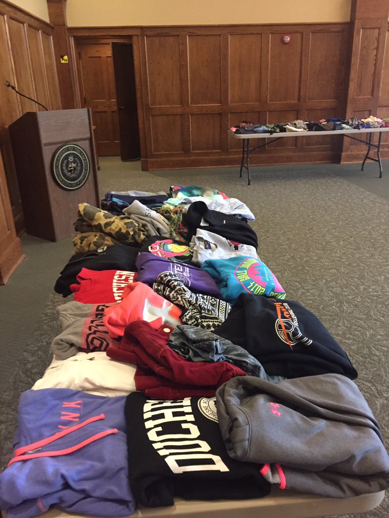 SustainableDA's tweet photo. The clothing swap is tomorrow! Look at these great gems. They can be yours if you bring money to school!! #cardinalclothingswap 🌟 https://t.co/oiO0NWjuyr