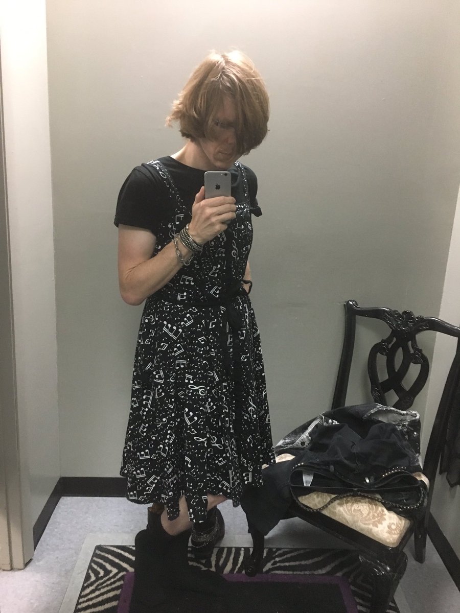 Yesterdays outfit. Bleached denim and chain boots. And I got the music note dress I tried on, plus as used, as-is black bondar skirt that I can fix up and DIY.