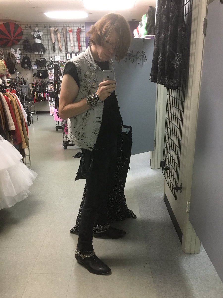 Yesterdays outfit. Bleached denim and chain boots. And I got the music note dress I tried on, plus as used, as-is black bondar skirt that I can fix up and DIY.