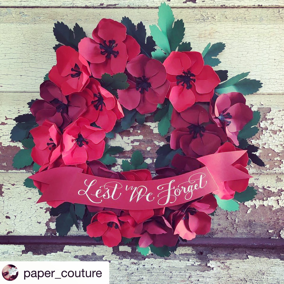 SocialMediaWomn's tweet photo. To the men &amp; women who lost their lives fighting in awful wars. To those who fought to protect us. To the families who lost loved ones or had them returned forever changed. WE WILL NEVER FORGOT. Wreath Paper Couture. 
#anzacday https://t.co/IqOHkbL48Q
