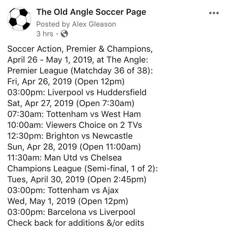 Soccer action, Apr 26-May 1, 2019, at The Angle ⁦<a href="/oldangletavern/">Old Angle</a>⁩