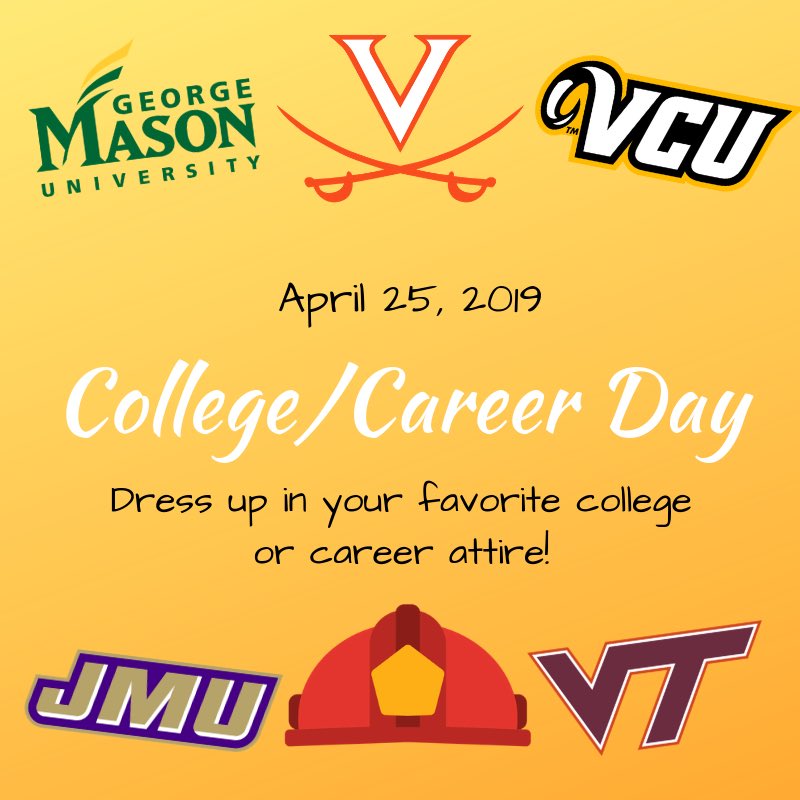 FreedomSCA's tweet photo. Tomorrow is College/Career Day! Dress up in any clothes that show off a college or career!!! 👩‍🎓🚒👨‍🎓 https://t.co/Pxt7EfkKi6