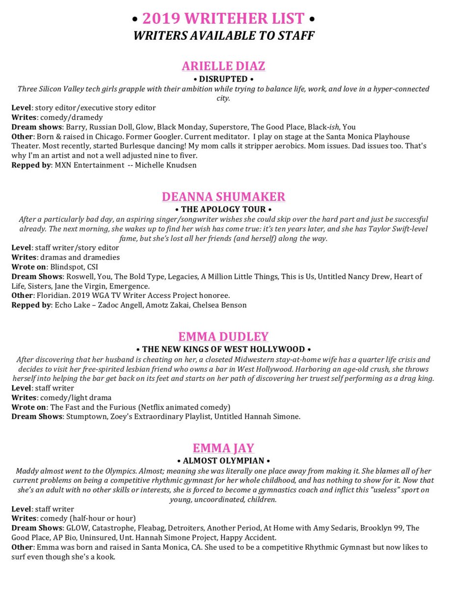 We4She's tweet photo. Check out some of the staffable women on this yearโs #WriteHerList!
for your shows looking for a gender-balanced staff! https://t.co/T6icnHOqDM