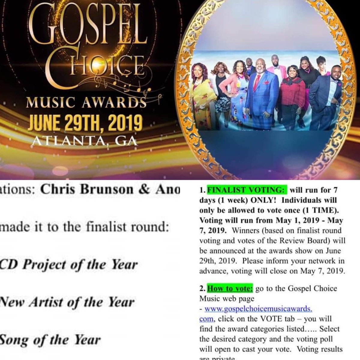 ArtistCBrunson's tweet photo. The Gospel Choice Music Awards. Voting will open back up for ONE WEEK ONLY May1st- May 7th. #GodIsGood #YouCanOnlyVoteOnce #CDOfTheYear #NewArtistOfTheYear #SongOfTheYear #TrustAndBelieveLive #ISurvived #ChrisBrunsonAndAnointed  #ThankYouInAdvanceForYourVote #PleaseShare https://t.co/oKTO37KOez