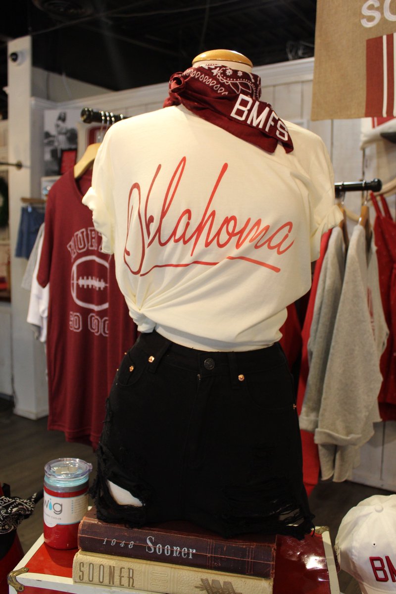 ShopBlush's tweet photo. Did you know? Blush makes it a priority to make sure our Oklahoma-themed t-shirts are made locally! Come in to shop our collection today and support small businesses. https://t.co/GRGAG352As