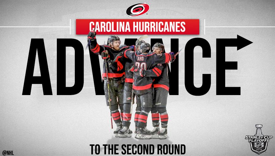 NHL's tweet image. There's a storm brewing.

The @NHLCanes are moving on to the Second Round! #StanleyCup