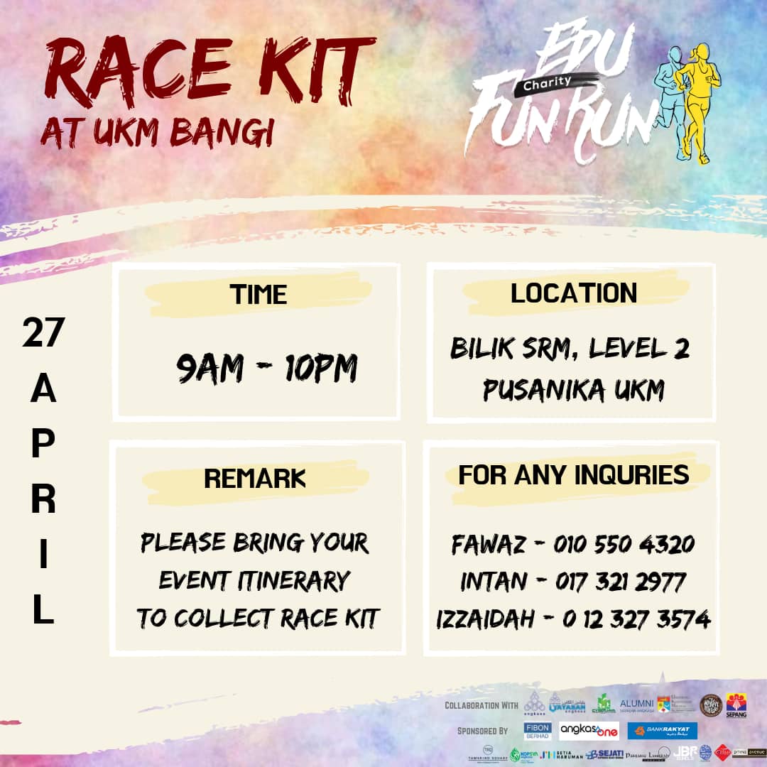 Fun2019's tweet photo. 3 days left to Edu Charity Fun Run 😍 Don’t forget to save the date on your calendar to collect race kit at Tamarind Square or UKM Bangi ❤️ https://t.co/4uOslH0h8M