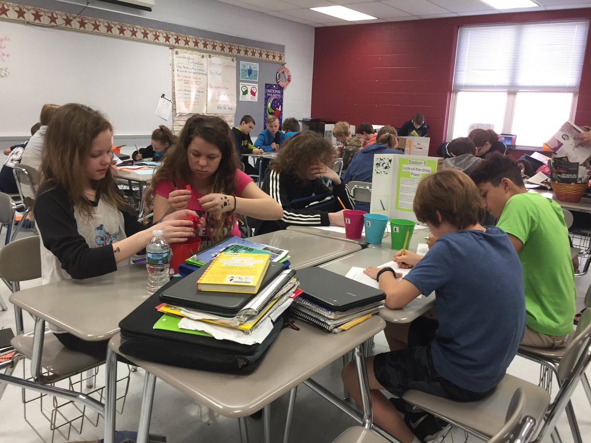 Mrs. Campbell’s 7th grade Language classes worked on creating poems at Poetry stations today.  Great poets at work!#Destination:Success