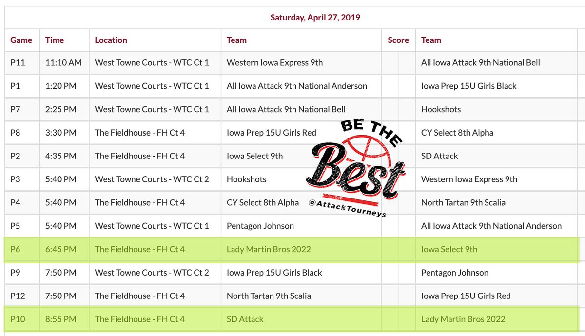 LadyMartinBro22's tweet photo. Check out our schedule for day 1 of 2 of this weekend's Be The Best Tournament in Ames. 

#bethebest #alliowaattack #attacktourneys #amesiowa #ncaa https://t.co/ZeQQ3oNFuJ