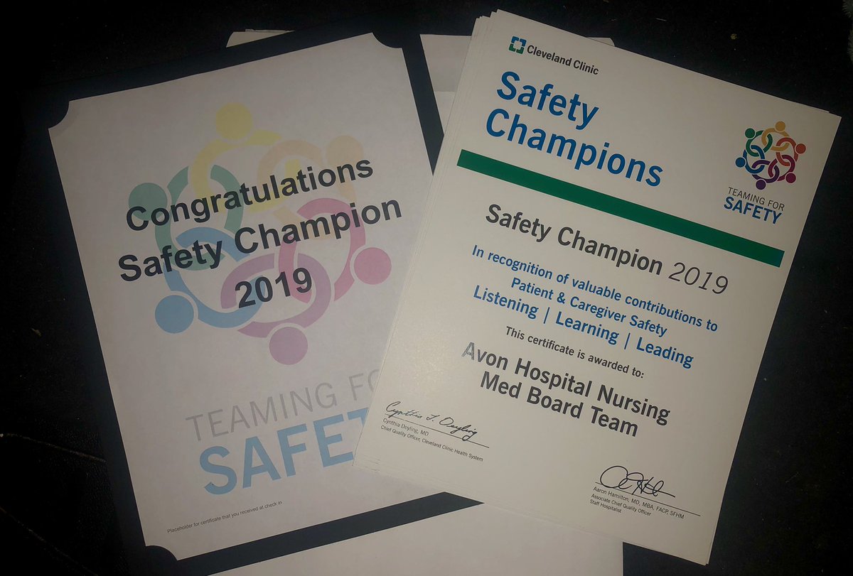 Congrats to our Avon Hospital Safety Champions! Nursing & Pharmacy worked together to solve a problem & significantly decrease missing meds w/ transfers or discharges with the creation of a medication magnet board. 
@ClevelandClinic 
#CC_SafetyChampions #CC_TeamingForSafety