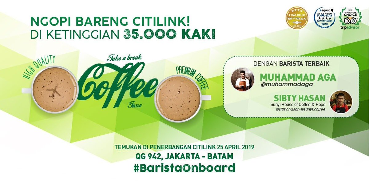 Barista on Board hadir kembali di penerbangan Citilink Jakarta-Batam. Penasaran dengan nikmatnya ngopi di ketinggian 35.000 kaki bersama barista Muhammad Aga dan Sibti Hasan?
Yuk ikuti update keseruannya.