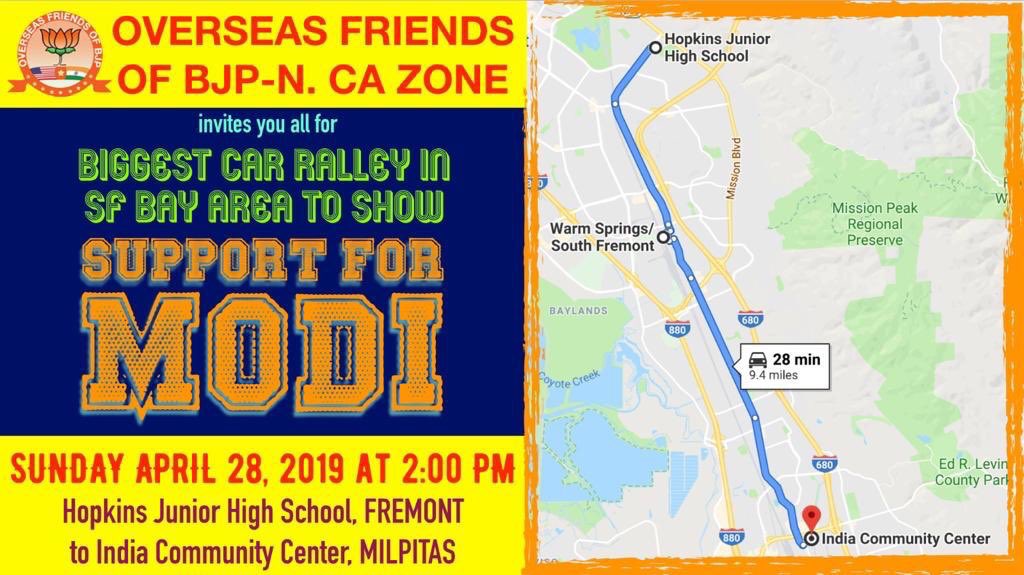 ofbjp_usa's tweet photo. You are all cordially invited to join the Car Rally on Sunday April 28 in Silicon Valley to show support for Shri @narendramodi ji
#NRI4MODI https://t.co/on5e1T2LX0