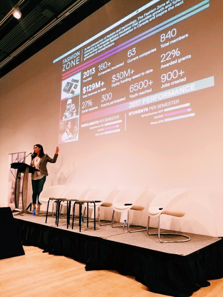 Opening up tonight’s  <a href="/FashionTechTO/">FashionTech</a> event with a summary of some of the great work we do @RUFashionZone <a href="/JFC_RU/">The Joe Fresh Centre</a> 🌟 it’s inspiring to meet so many like-minded entrepreneurs! thanks for including us @ashleyhbarby #FashionTechTO