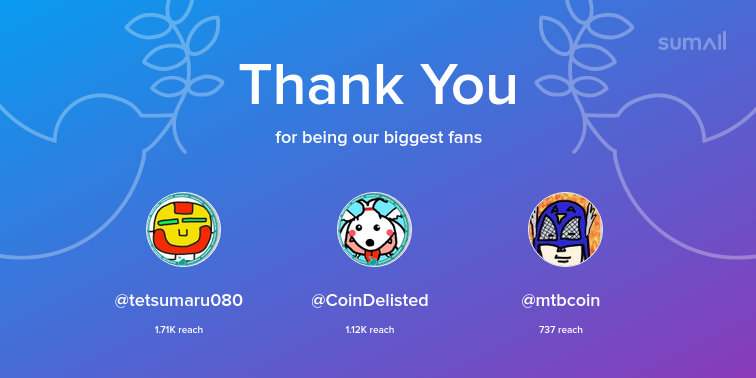 Our biggest fans this week: <a href="/tetsumaru080/">tetsumaru</a>, <a href="/CoinDelisted/">デジモンじゃねーよ</a>, <a href="/mtbcoin/">まとん</a>. Thank you! via sumall.com/thankyou?utm_s…