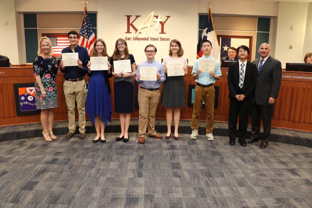THS Quiz Bowl team was recognized at the Katy ISD Board of Trustees meeting for their state championship title! Congrats Mustangs! #Taylorpride247