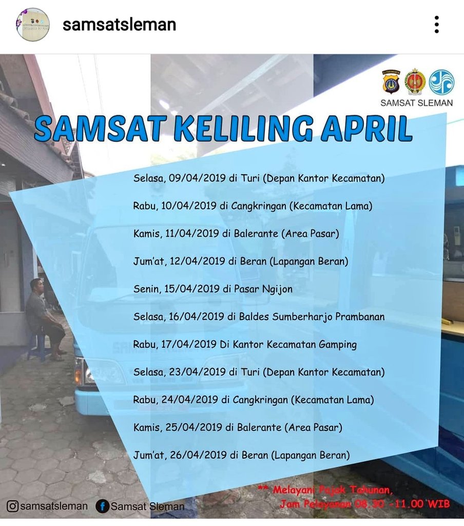 #Slemanis berikut informasi jadwal SIM dan SAMSAT keliling April 2019. 😊🙏  #Sleman #LaporSleman