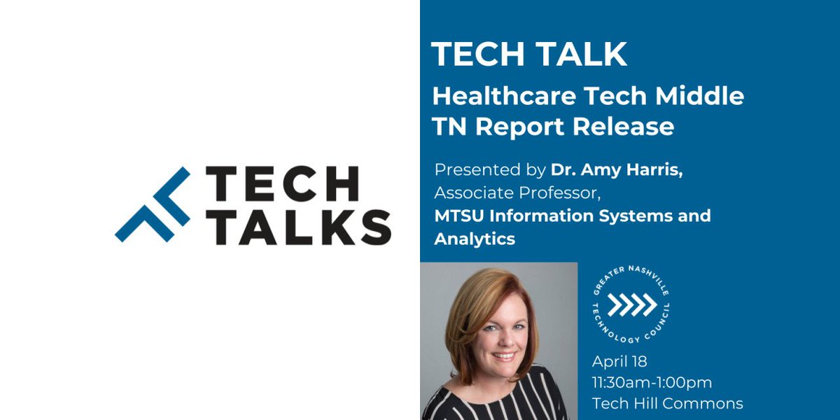 Healthcare is a major economic driver for this region and the source of many tech jobs. But, how many?

Join us 4/18 for the release of Dr. <a href="/Amy_H_Harris/">Amy Harris</a>' Healthcare Tech MidTN Report &amp; panel discussion. Sponsored by <a href="/MTSU_ISA/">MTSU Information Systems & Analytics</a>:
bit.ly/2UbIxow