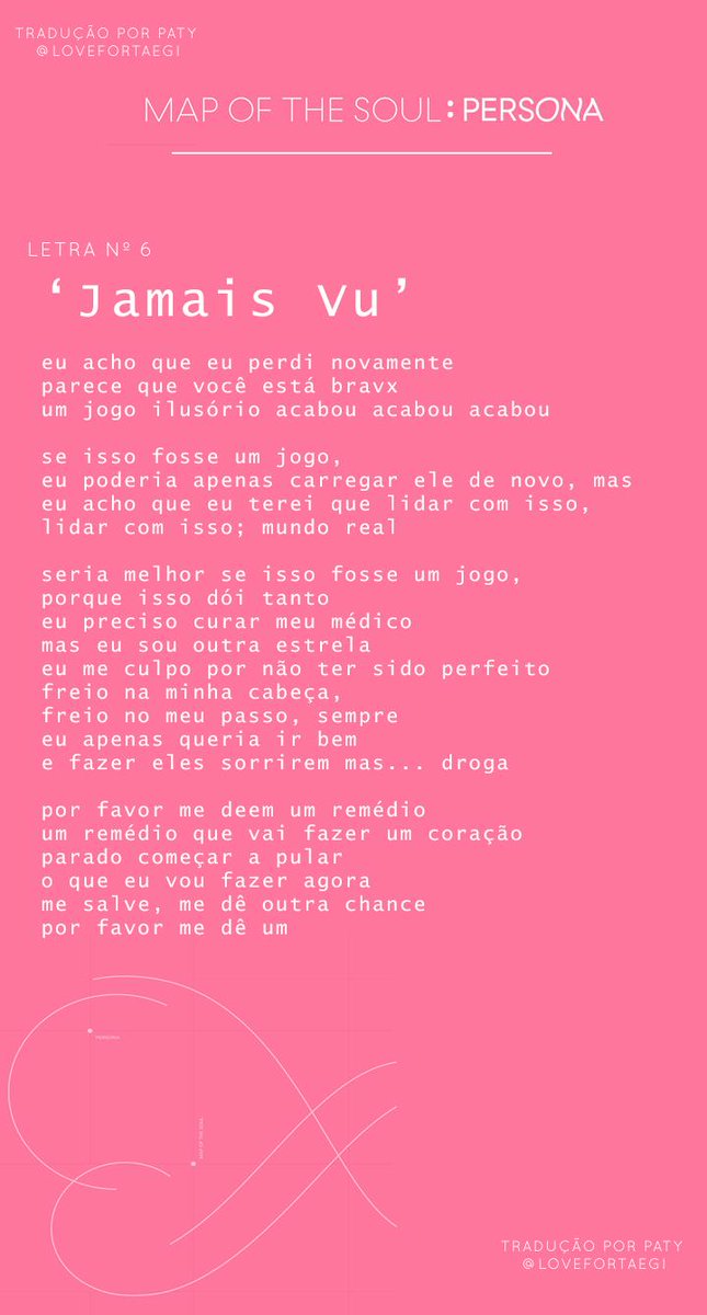 moonsaturnm's tweet photo. FAIXA 6 - Jamais Vu

tradução / letra 

essa música é triste, poética.. e vale a leitura se você quer se sentir um pouco mais próximx de como eles se sentem como ídolos, as pressões e etc;
#MAP_OF_THE_SOUL_PERSONA #BTS #방탄소년단 @BTS_twt #PERSONAWelcomeParty https://t.co/hzDiTCcO77