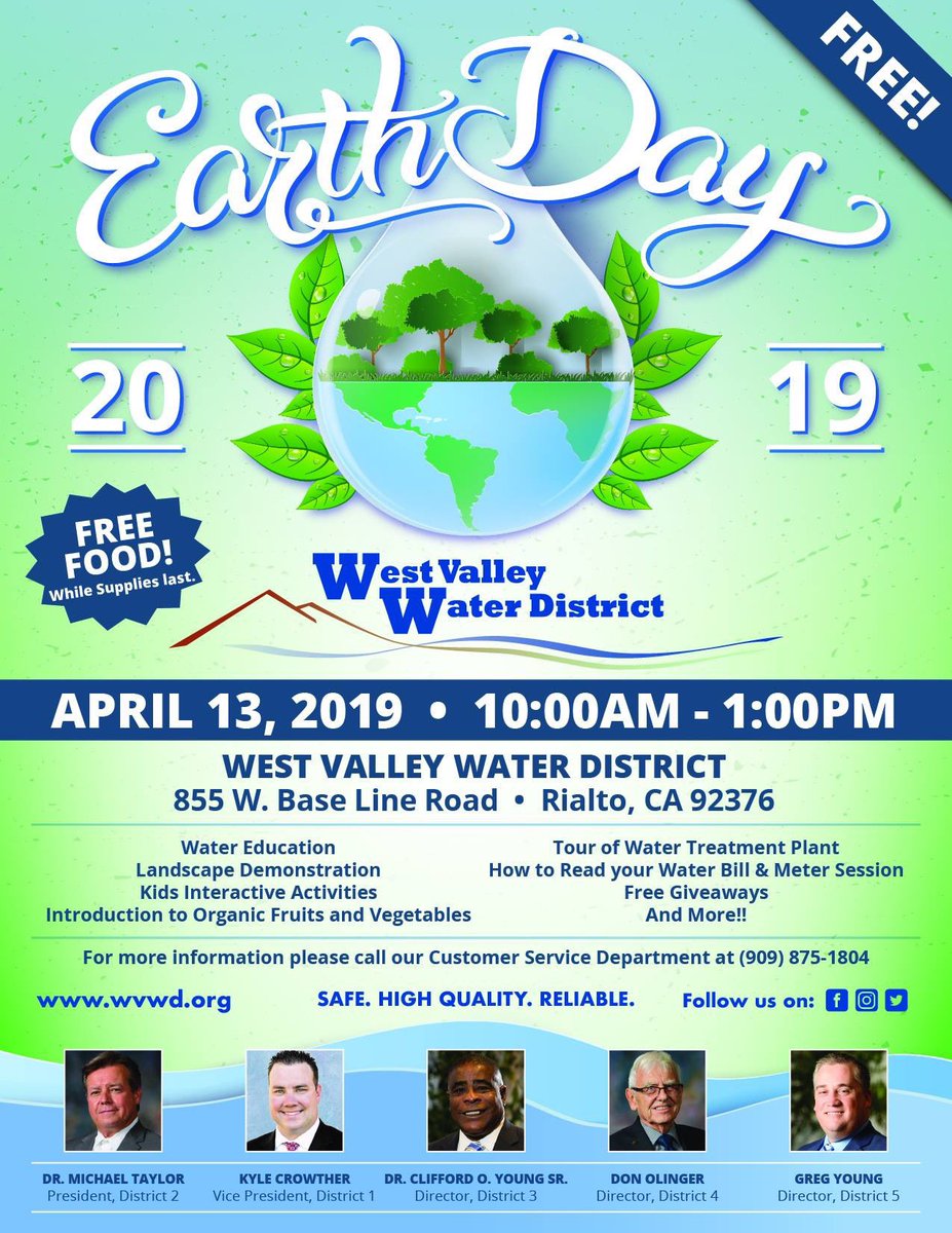 Don't forget to join West Valley Water District tomorrow as we celebrate Earth Day! 

There will be free food, fun activities for children, face painting, landscaping classes, demonstrations, and much more! #rialto #fontana #colton #bloomington #InlandEmpire
