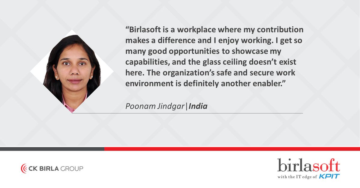 birlasoft's tweet photo. #WomenAtBirlasoft | In this week's #QuoteSheWrote testimonial, we share Poonam Jindgar's experience of working with a brand like Birlasoft, which provides a safe, secure work environment. To read #experiences of other #womenintheworkforce, hit the link. https://t.co/9Y24391wVY https://t.co/KSpw93LkeX